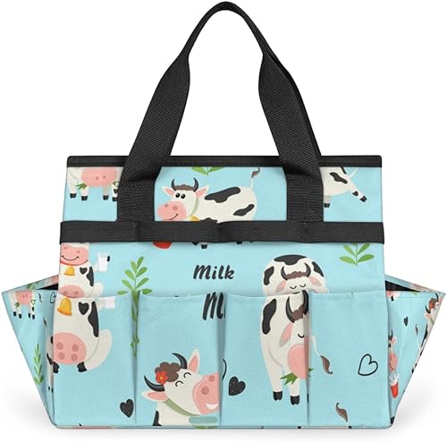 Lovely Milk Cow Garden Tool Tote Bag for Women Men Gardening Tool Storage Bags with 10 Pockets Standable Garden Home Tool Kits Organizer for Indoor