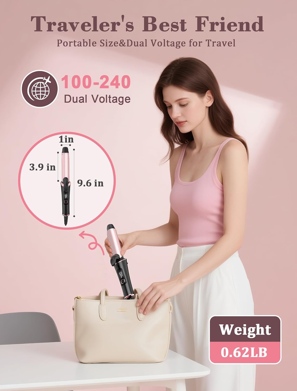 Dual Voltage Travel Curling Iron, 110-240V with European Plug Adapter, 1 Inch Mini Ceramic Curling Iron with Auto-Off, 30S Fast Heating, Small Curling Iron for Short Hair, Includes Heat Pad, Rose Gold
