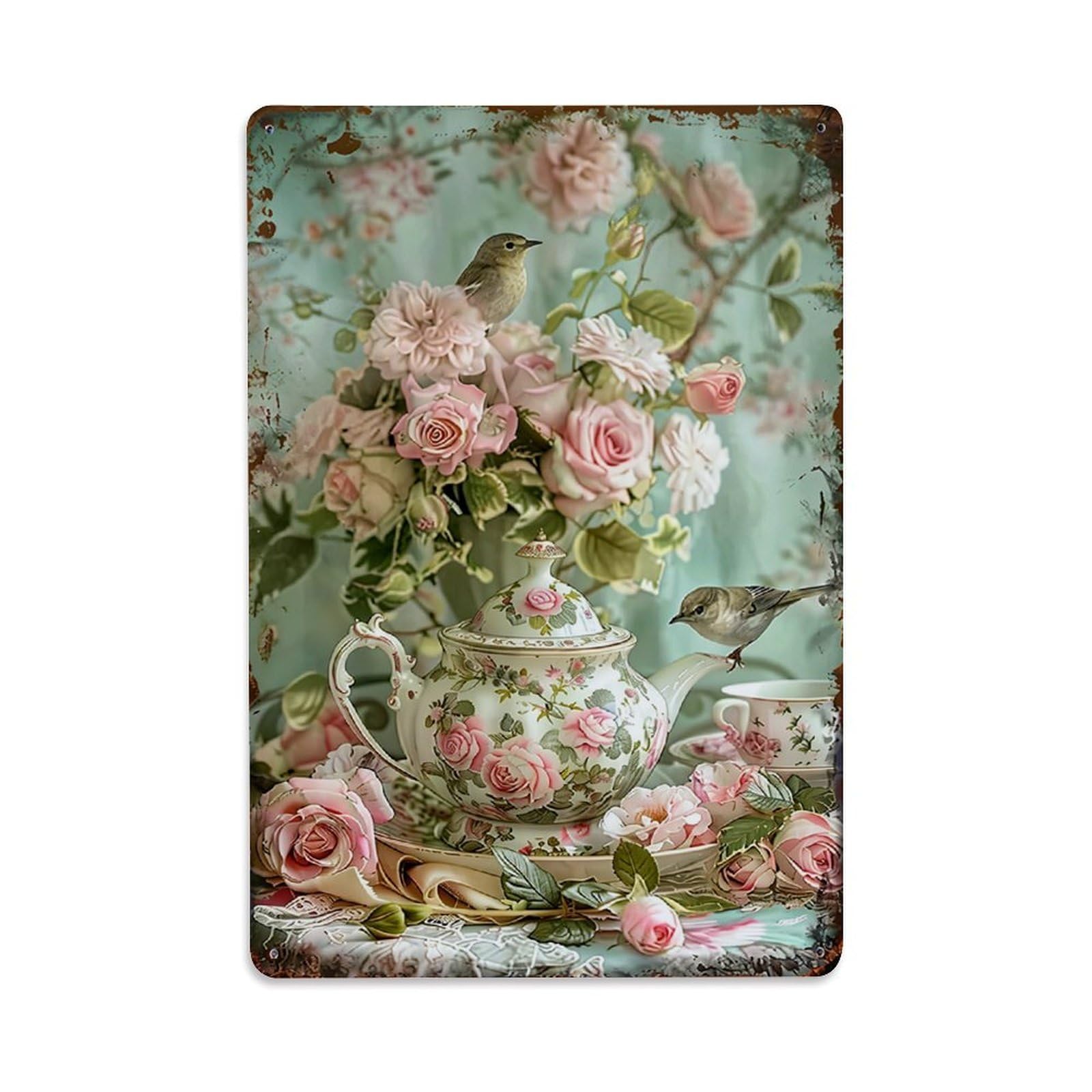 Jdfenggu Vintage Floral Rose Bird Teapot Pattern Retro Metal Tin Sign, Decor Art Poster For Bar, Home, Man Cave, Kitchen, Laundry Room Gift 8X12inch