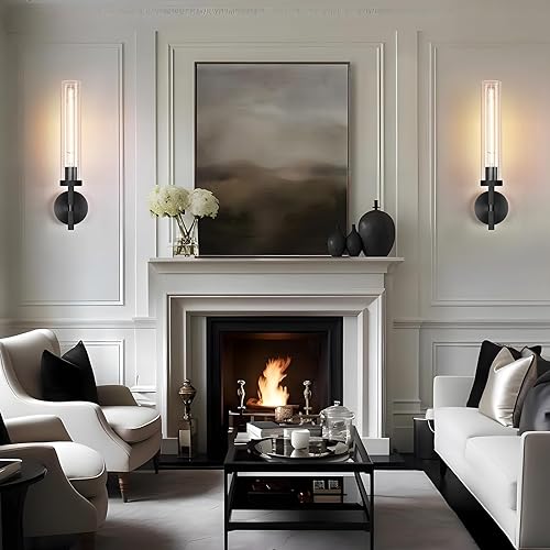 Miniatura 5 de Modernos apliques de pared negros cableados, 2 unidades, apliques de pared moleteados de 21 pulgadas, aplique de pared interior, luz de tocador de
