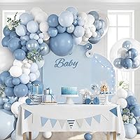 Vista 6 de Ouddy Life Kit de guirnalda de arco de globos azul polvoriento, 152 piezas de arco de globos azul claro y blanco, globo transparente azul pastel