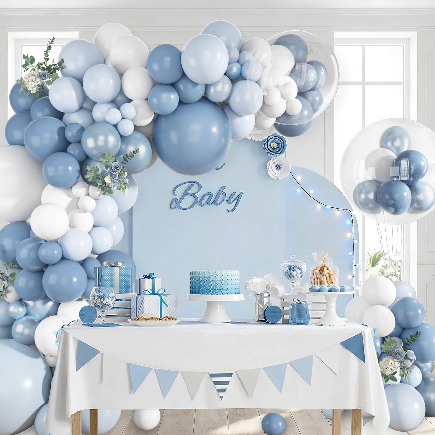 Ouddy Life Luftballonbogen-Set, Staubblau, 152 Stück, Perlen-Hellpastellblau und Weiß, klare Luftballons für Hochzeit, Geburtstag, Geschlechtsoffenbarung, Brautdekorationen