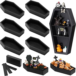 6 Pcs Halloween Coffin Serving Trays Wooden Coffin Charcuterie Board Halloween Platter Shelf Gothic Spooky Decor for Table Party Gift 7 Inch (Black)