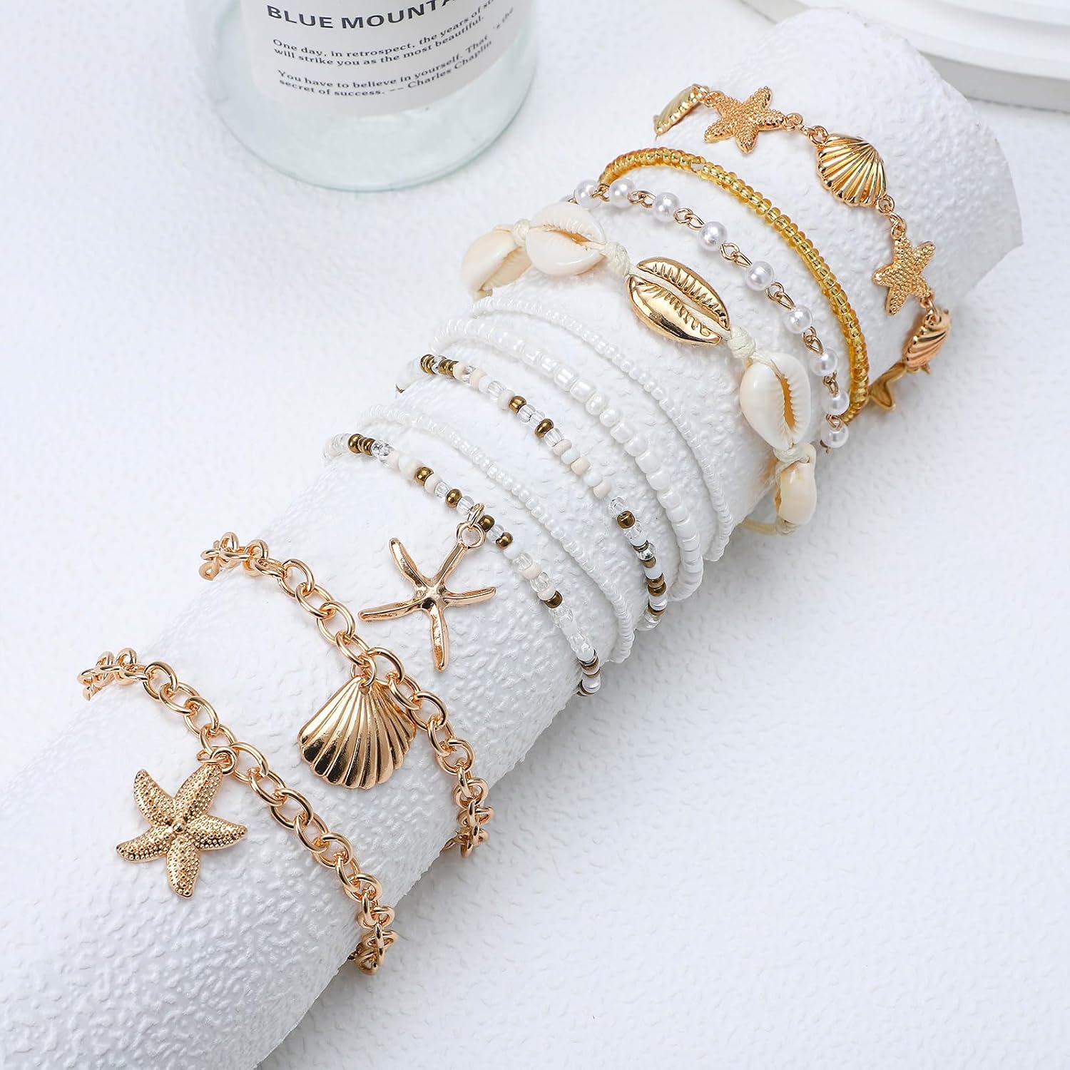 NEWITIN 29 Pieces Boho Beach Jewelry Set for Women Gold Jewelry Set Include Summer Ocean Seashell Starfish Necklaces Bracelets Rings Belt Chain Earrings for Women
