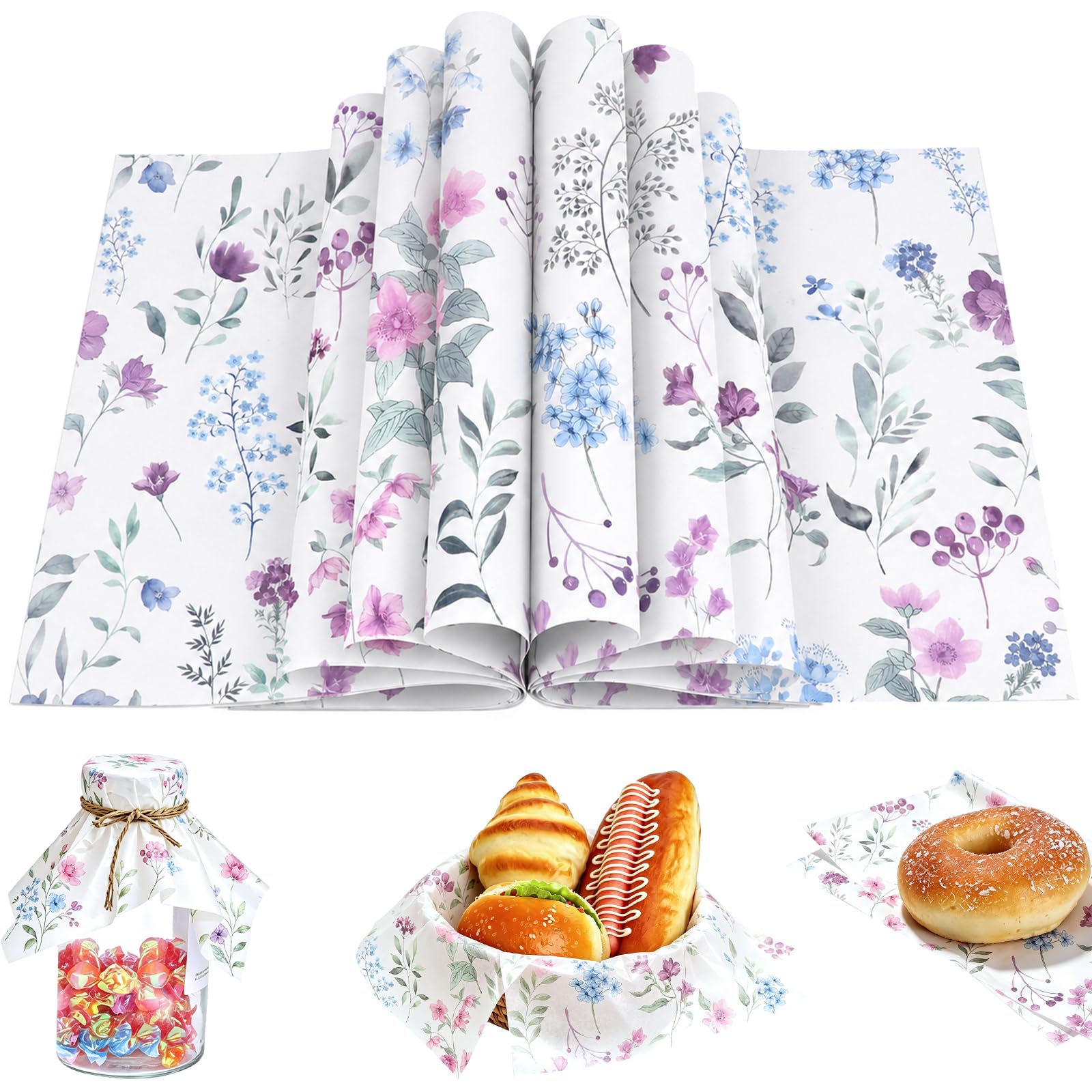 80 Sheets Purple Wildflower Food Wax Paper, 25x21cm Wildflower Red Poppy Grease Proof Deli Paper for Sandwich Snack Wrap Home Kitche (A)