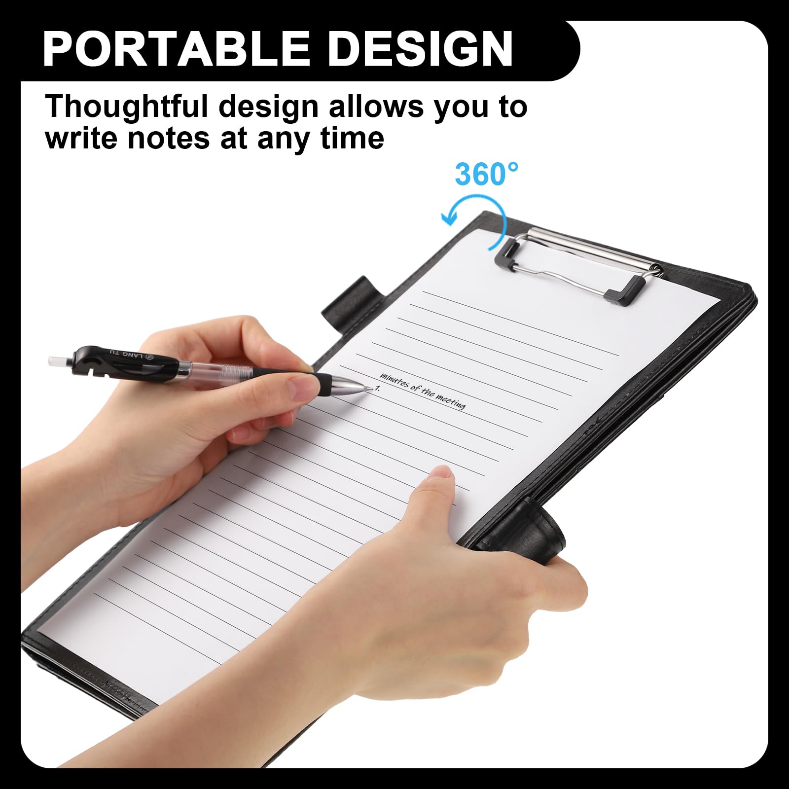Porte-bloc A4 avec couvercle, en cuir synthétique, porte-bloc-notes, porte-documents, porte-stylo, fermeture magnétique, conférencier A4, pour fournitures de bureau, école, noir