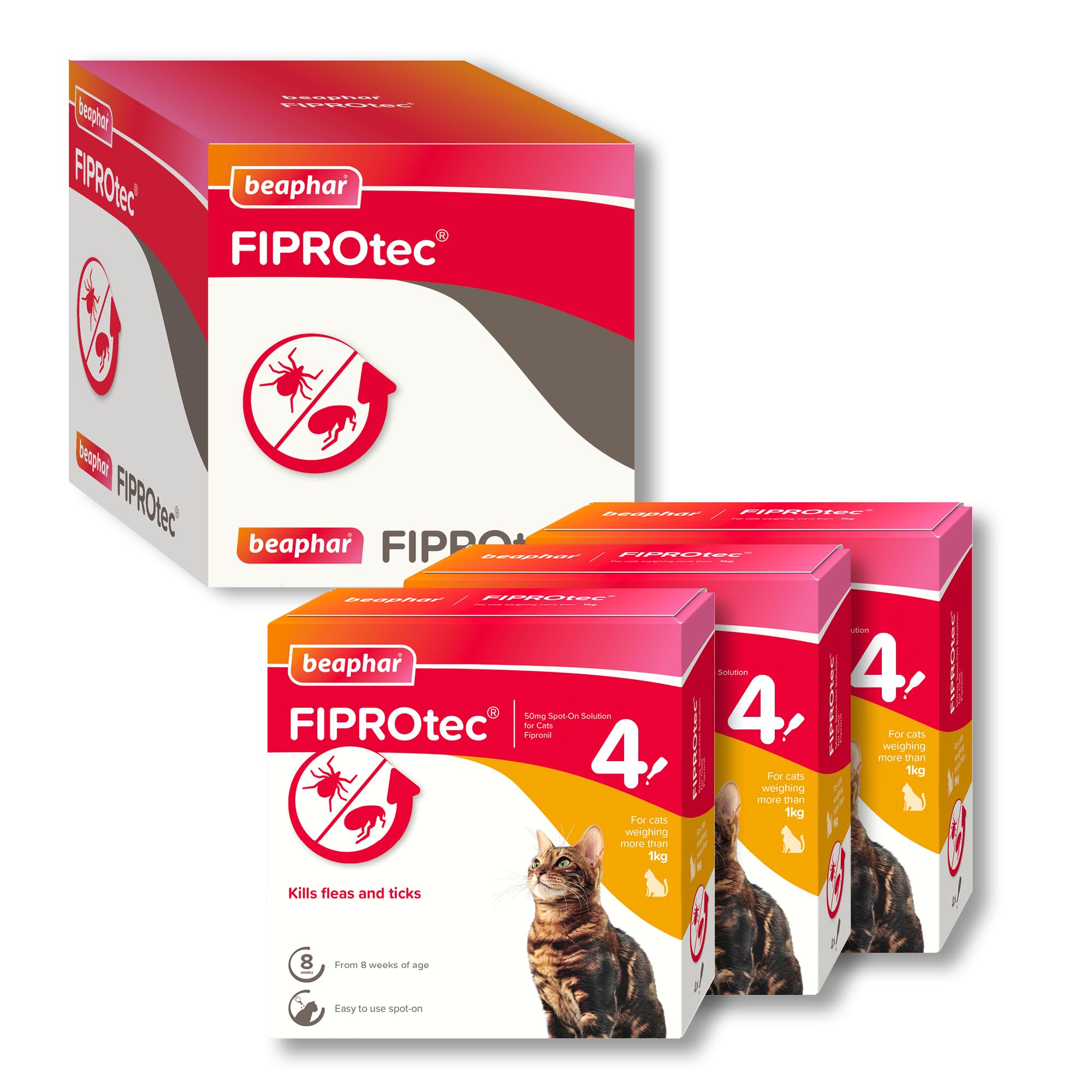 Beaphar - FIPROtec Spot-On Flea & Tick Treatment for Cats - 12 Treatments - Kills Fleas & Ticks - Veterinary Medicine - Easy to Apply Monthly - For Cats & Kittens from 8 Weeks Old, Weighing Over 1kg