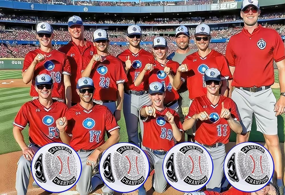 12 Pcs Baseball Championship Ring Softball Ring Sport Ball Trophy Award Gift with Display Neck Chain and Stand for Tournament or League Champion Winner