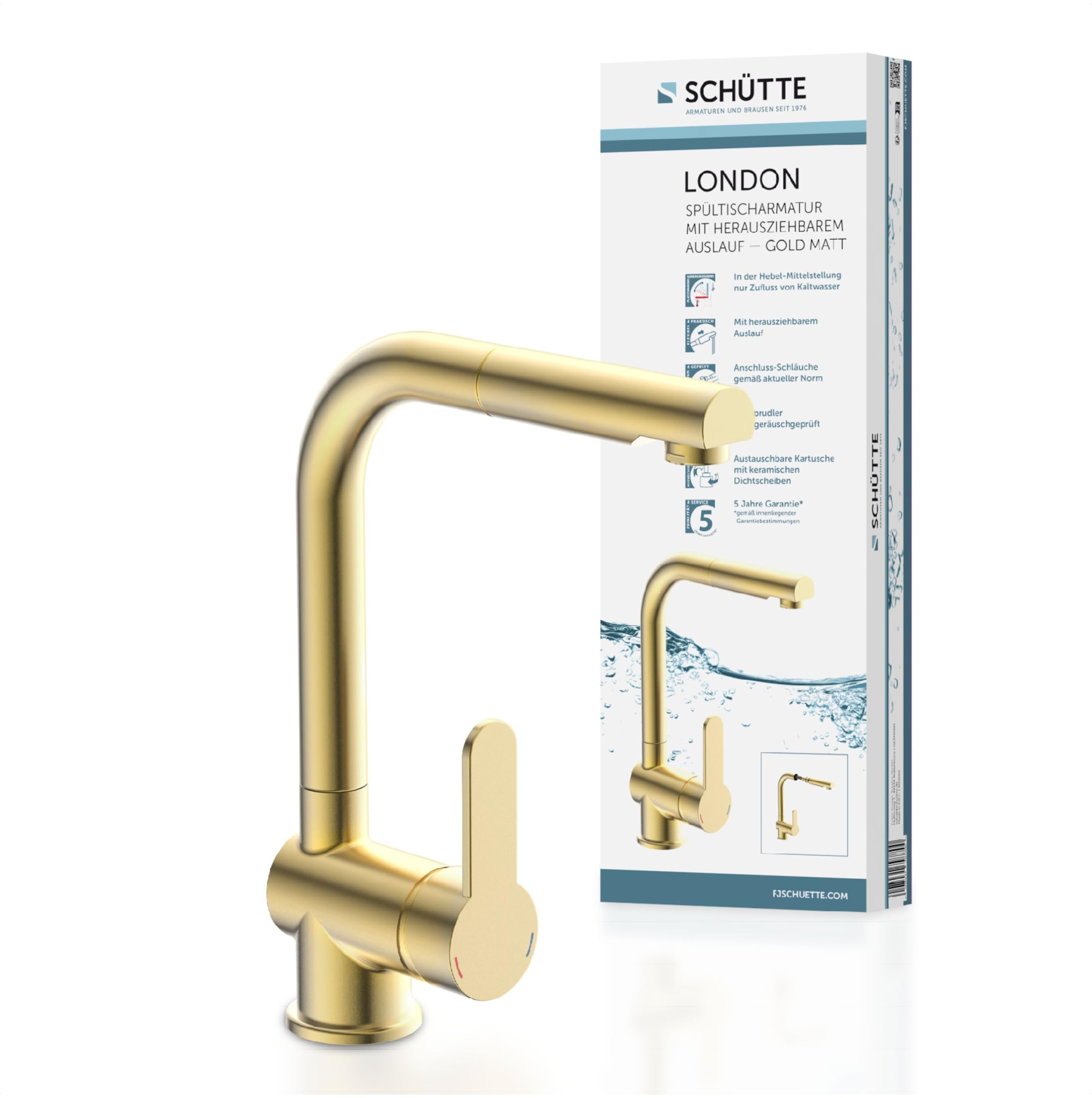 SCHÜTTE 79770 London - Grifo de cocina con alcachofa extraíble, giratorio 360 grados, grifo mezclador monomando para fregadero de cocina, color dorado | Grifo giratorio de 360 grados para cocina, grifo mezclador monomando, grifo de fregadero dorado