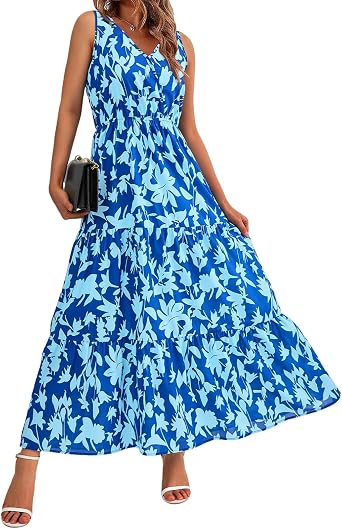 Summer Dresses for Women 2025 Sleeveless Flowy Dresses Cute Floral Maxi Dress Casual Vacation Wedding Guest Dress