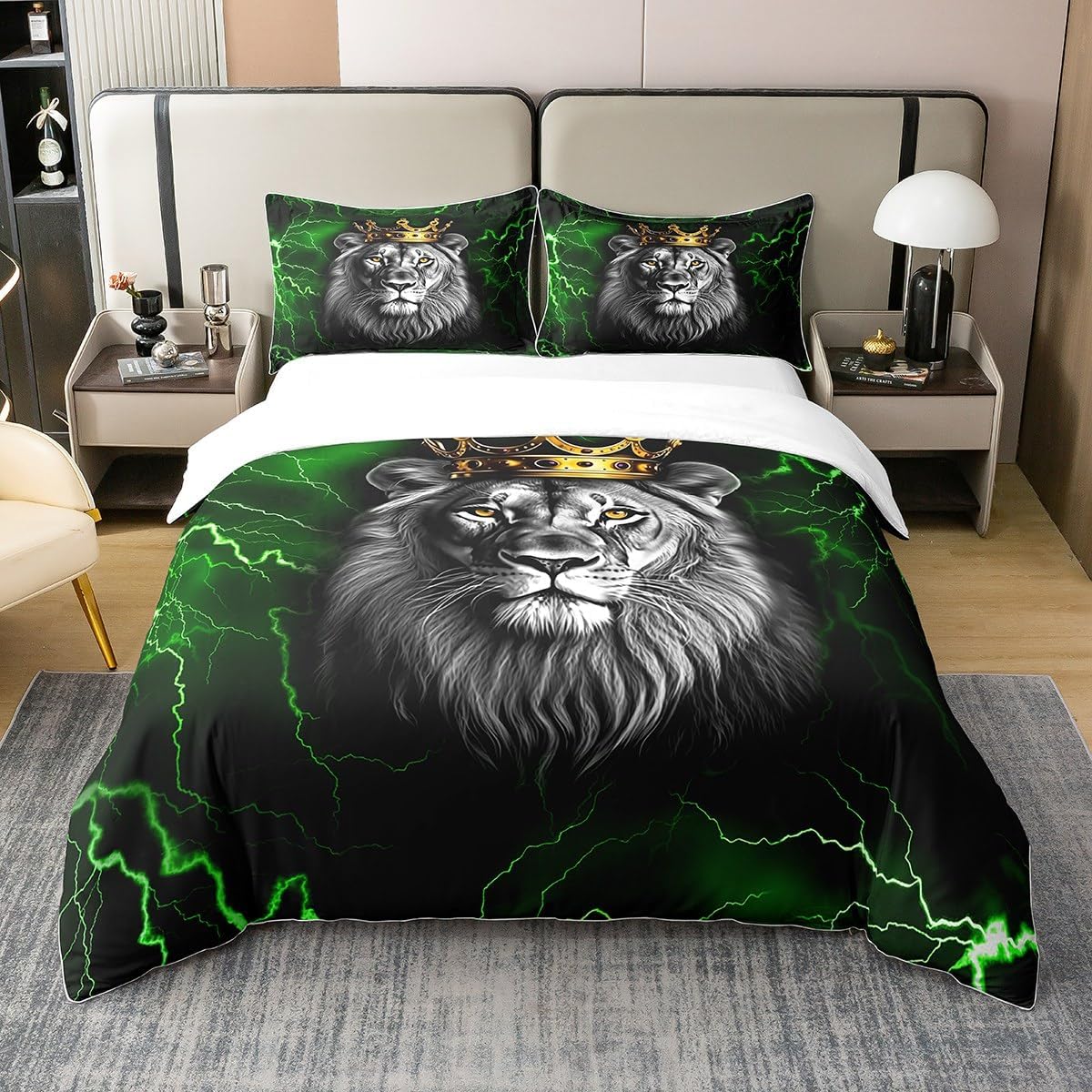 Manfei Wild Lion Duvet Cover 100% Nature Cotton Twin,Retro Jungle Safari Animals King Crown Comforter Cover (NO Comforter),Abstract Green Lightning Vintage Country Decor All Season Super Soft Bedding