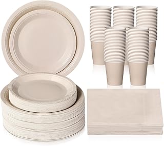Tioncy 200 Pcs Disposable Paper Plates Cups and Napkins Party Supplies Serve 50 Guests Disposable Paper Dinnerware Set for Christmas Birthday Wedding Baby Shower Family Picnic(Ivory)