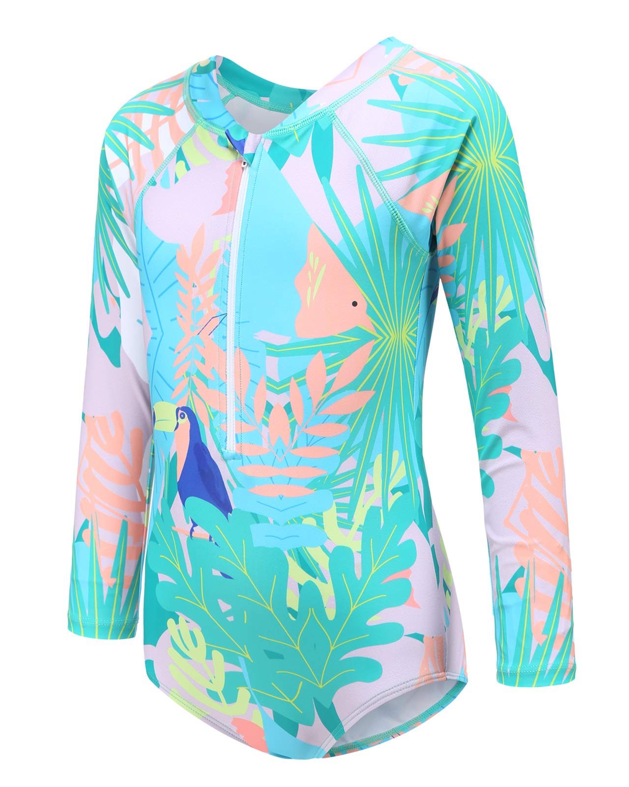 Girls Long Sleeve Rash Guard One Piece Swimsuit Kids UPF 50+ Sun Protection Swimwear Rainbow Striped Bathing Suit 3-14 Years