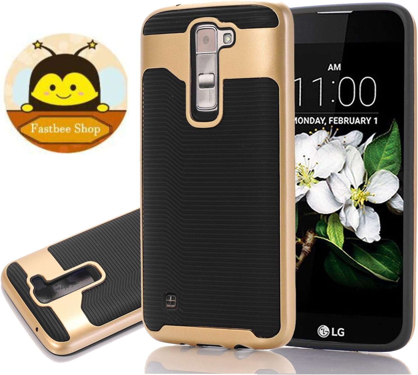 LG K7 Case, Fastbee [Envoy Series] Premium TPU & PC Bumper Cover [Carbon Fiber Black] for LG K7 ( 2016 ) - Carbon Fiber Black / Gold