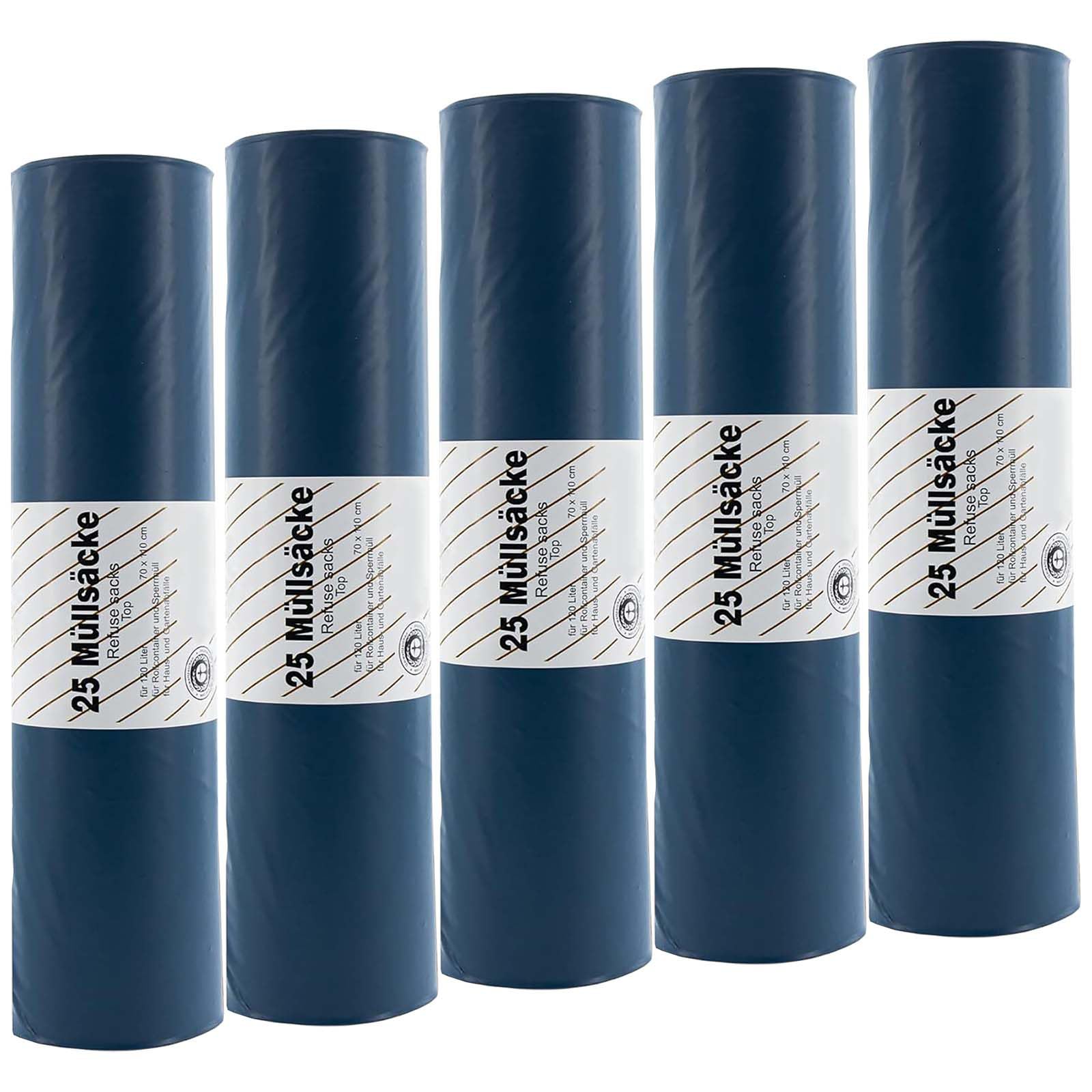 Hossi's Wholesale Worki na śmieci, 120 l, bardzo mocne, 60 my, 125 sztuk, 5 rolek worków na śmieci, odporne na rozerwanie, niebieskie, 700 x 1100 mm, LDPE, stabilne worki na śmieci, do gospodarstwa