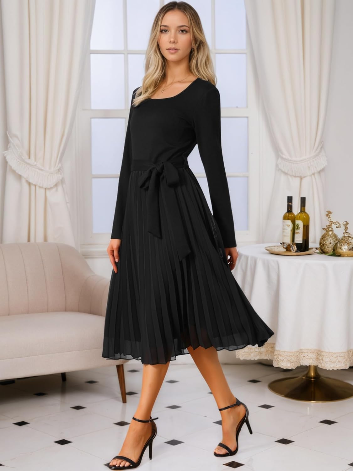 Seta T Women's Pleated Dress Crewneck A Line Flowy Casual Long Sleeve Midi Dresses with Belt Fall Outfits