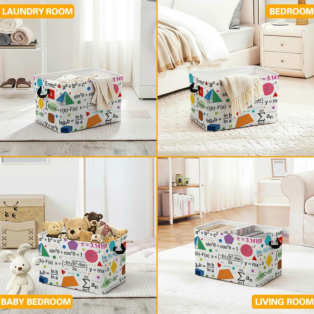 Math Theme Laundry Hamper with Handles,Large 56L Foldable Square Clothes Basket Multi‑Use Blanket Storage Bins for Organizing Books,Toys,Gifts,Room Decoration,Laundry Room,Dorm Nursery