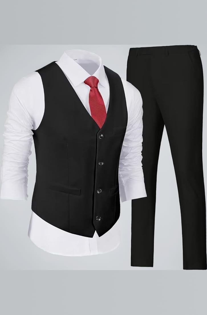 Buy Wehilion Men's Vest V-Neck Suit Vest Pants Set Slim Fit Casual