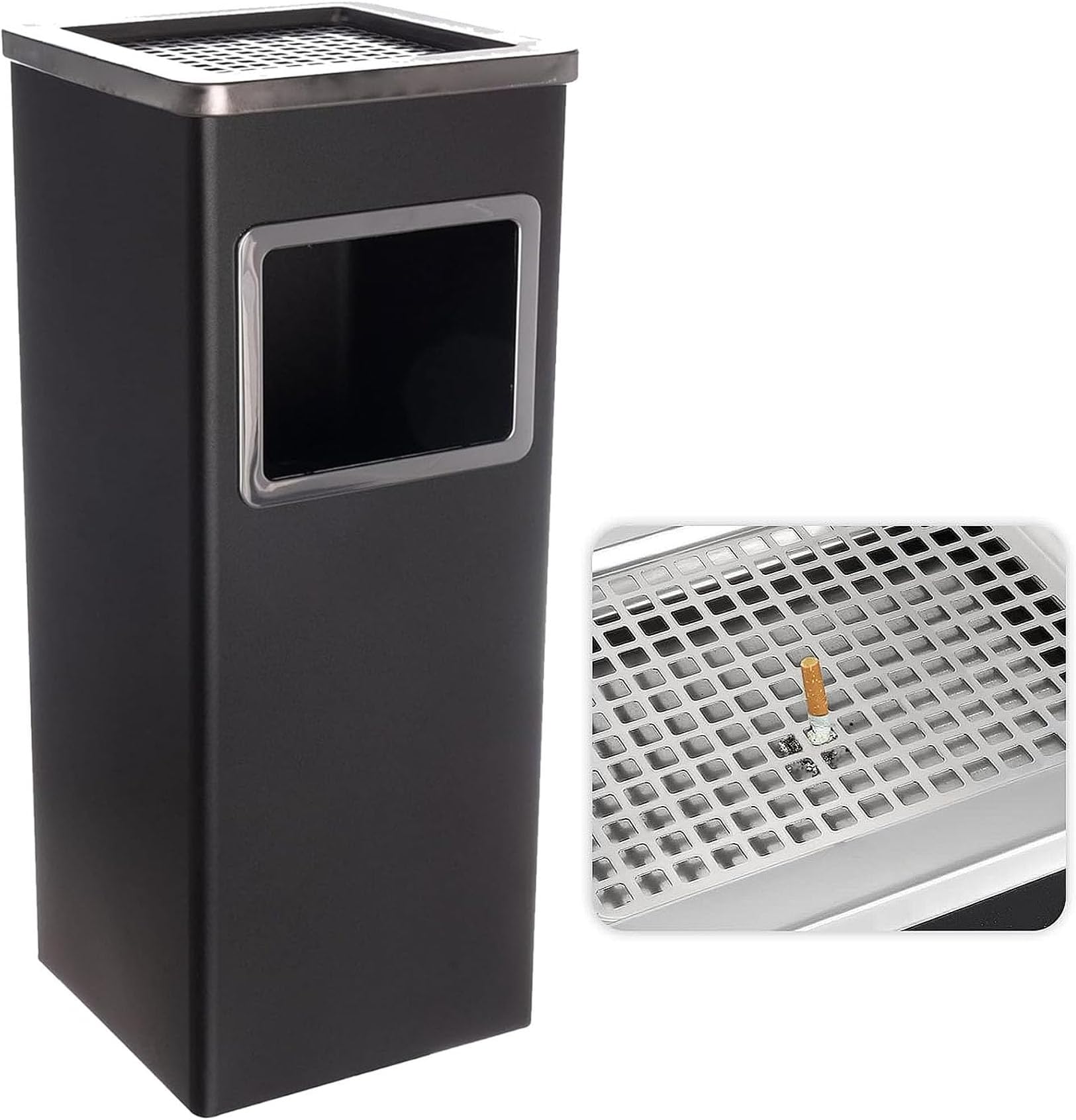 Premium Ashtray Bin Large Stainless Steel Outdoor Dustbin Removable Lid Free-Standing Garden, Office, Restaurant & Pub, Black Square