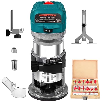 Dobetter 6.5-Amp Wood Router Tool, 1.25 HP Compact Trim Router with 6 Variable Speed, 12 Wood Router Bits, 1/4
