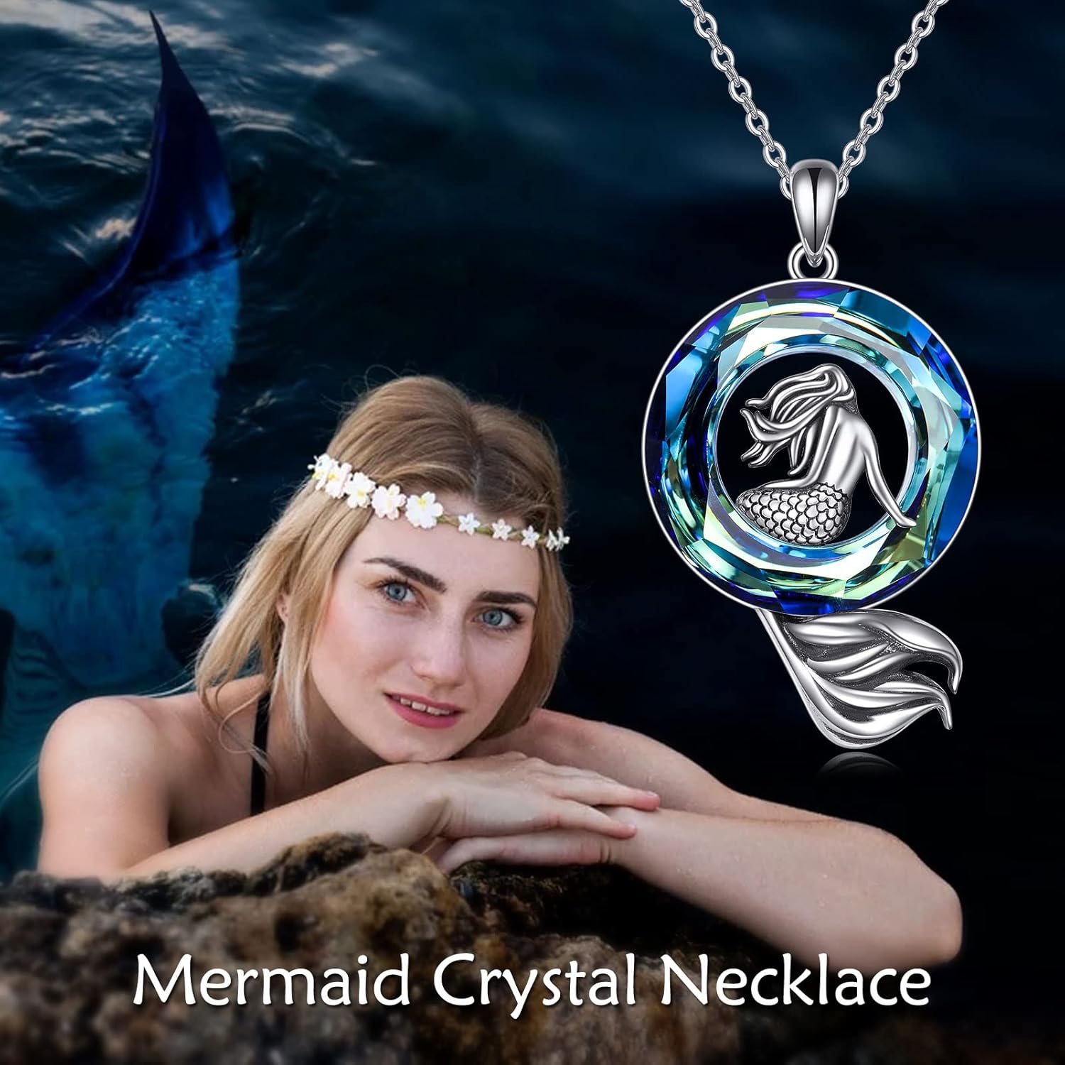 AXELUNA Mermaid Necklace for Women Sterling Silver with Blue Circle Crystal Pendant Necklace Mermaid Nautical Jewelry Gifts for Girls Daughter - Image 6
