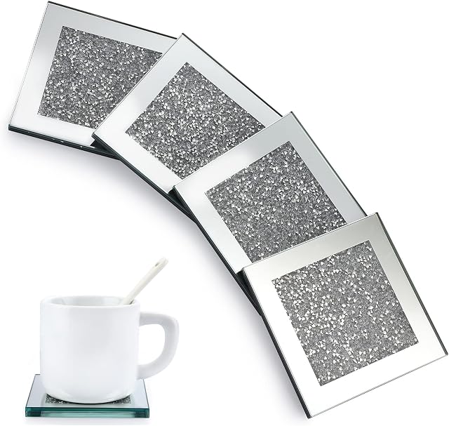 BTSKY 4 Piece Glass Mirrored with Crushed Diamonds Coaster for Coffee/Tea Cups, Square