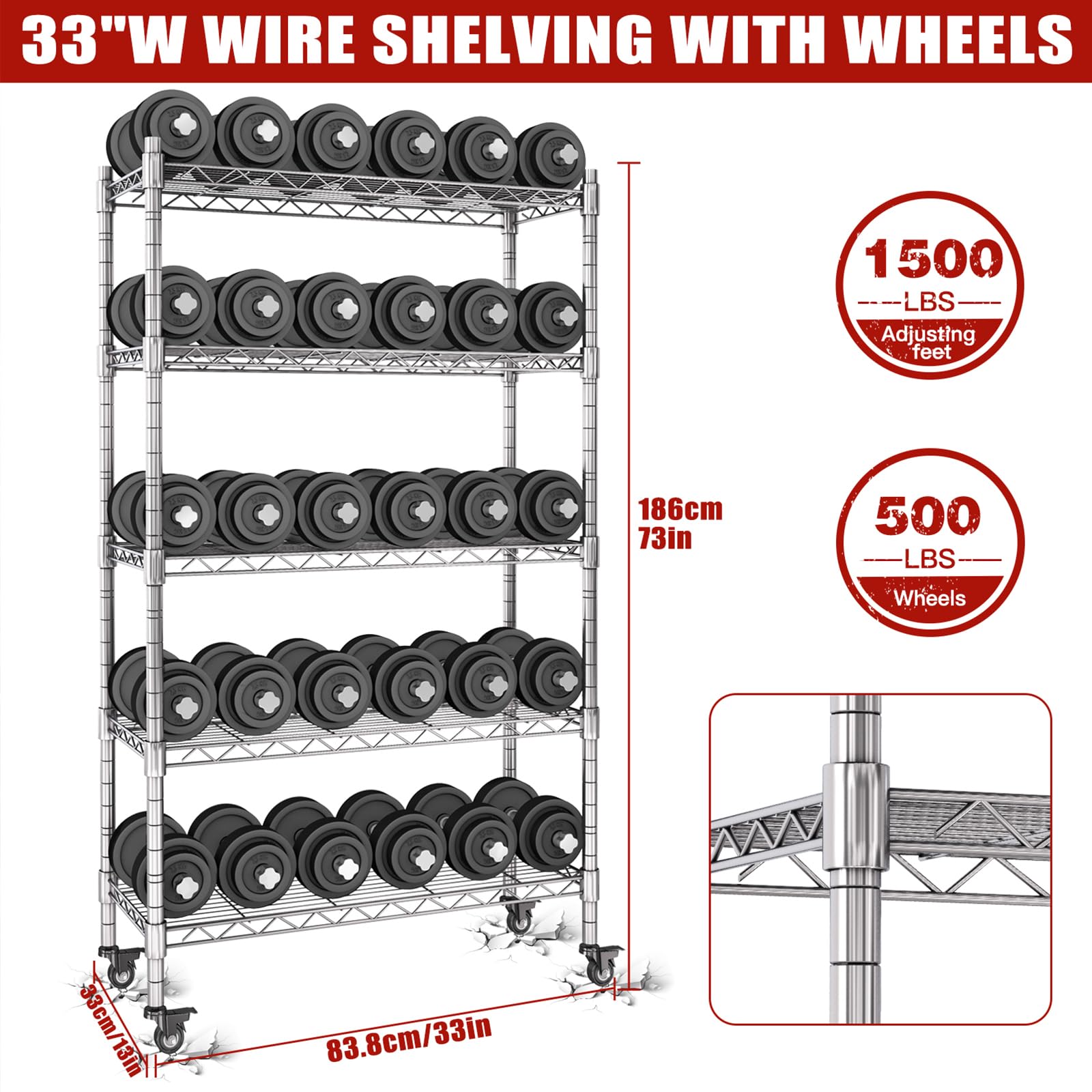 Scaffalatura a 5 strati con ruote, confezione da 2, 84 cm, portata 700 kg