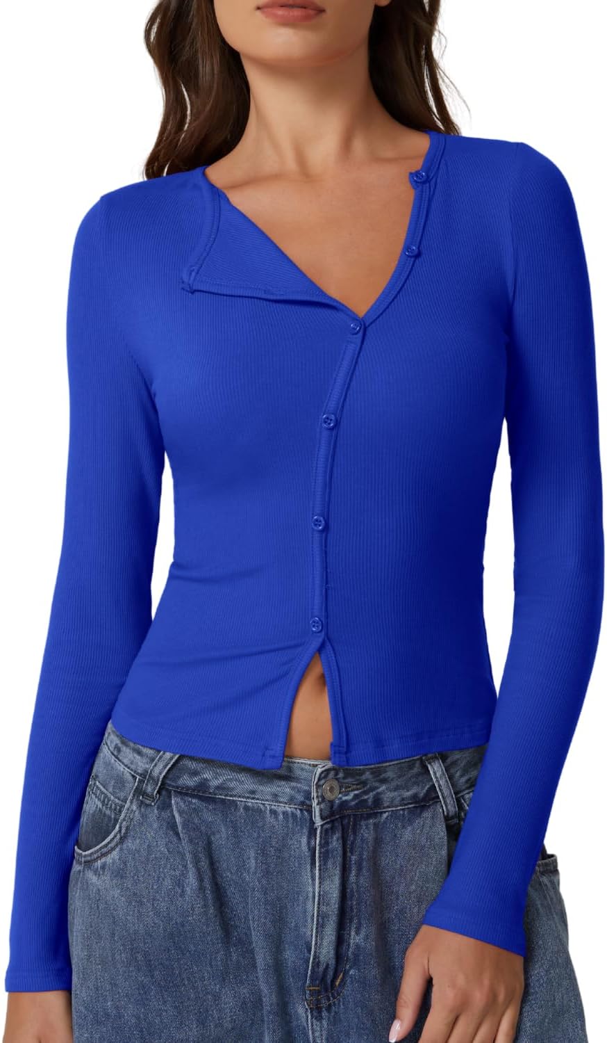 QINSEN Women's Long Sleeve Ribbed Crewneck Shirts Upper Button Fastening Going Out Tops