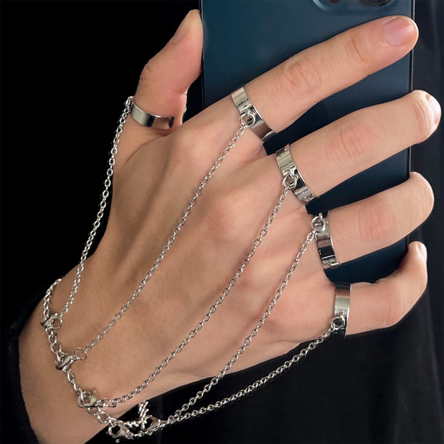 QWEDF Chain Finger Rings Punk Adjustable Stackable Wrist Ring Statement Band Ring for Women and Men