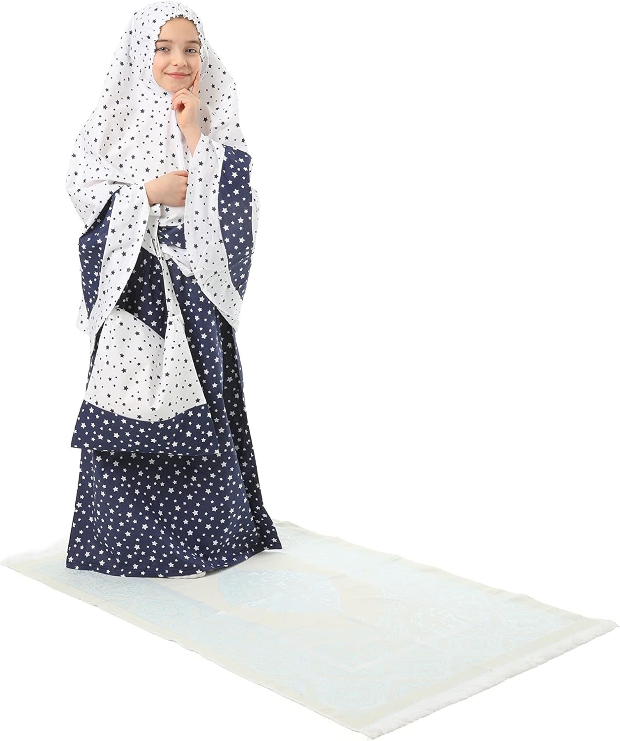 Navy Blue Islamic 4-Piece Girl's Prayer Dress with Skirt, Headscarf, Prayer Rug, and Bag