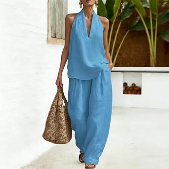 Linen Sets for Women 2 Piece Outfits Lightweight Vacation Outfits Sexy Sleeveless Deep V Tank Tops Wide Leg Pant Set