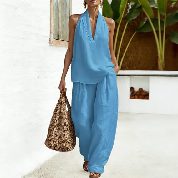 Linen Sets for Women 2 Piece Outfits Lightweight Vacation Outfits Sexy Sleeveless Deep V Tank Tops Wide Leg Pant Set