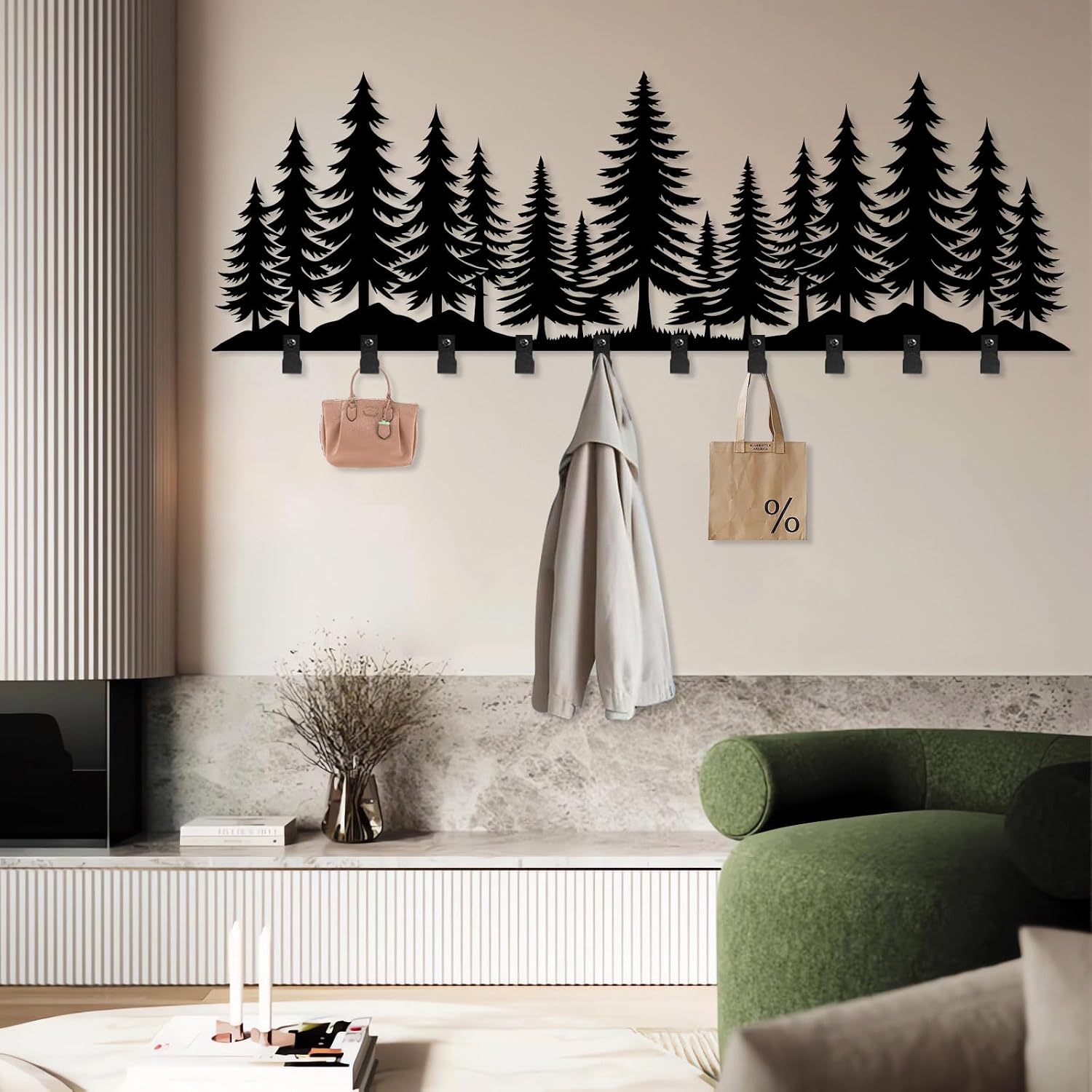 Pine Forest Coat Rack, Pine Tree Metal Wall Mount, Forest Coat Rack Wall, Nature Hooks for Room, Hat Clothes Hanger, Entryway Wall Decor (Black, 8"x24"|20x60cm)