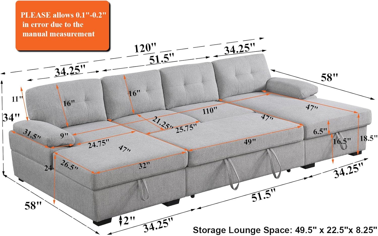 Sectional Sofa Sleeper Couch Bed Pull Out Sleeper Sofa Bed & Storage Chaise Lounge for Living Room U Shape Sleeper Couch Furniture Set (Grey)
