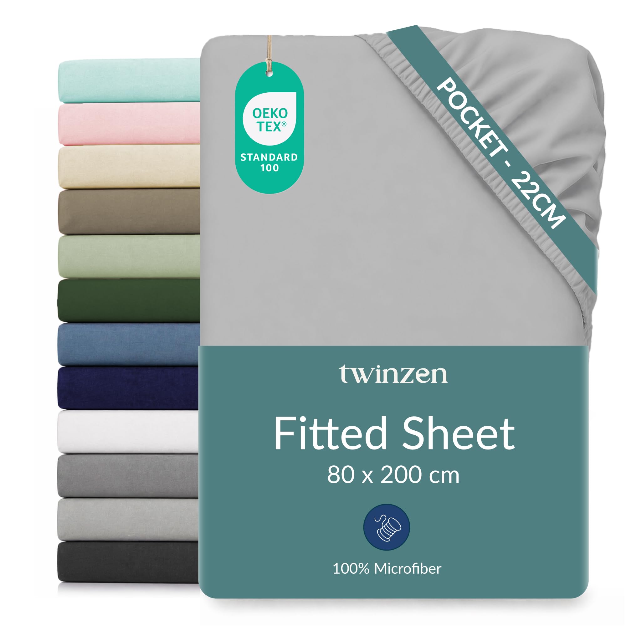 Twinzen Microfibre Fitted Sheet 80 x 200 cm Grey with 20 cm Cap