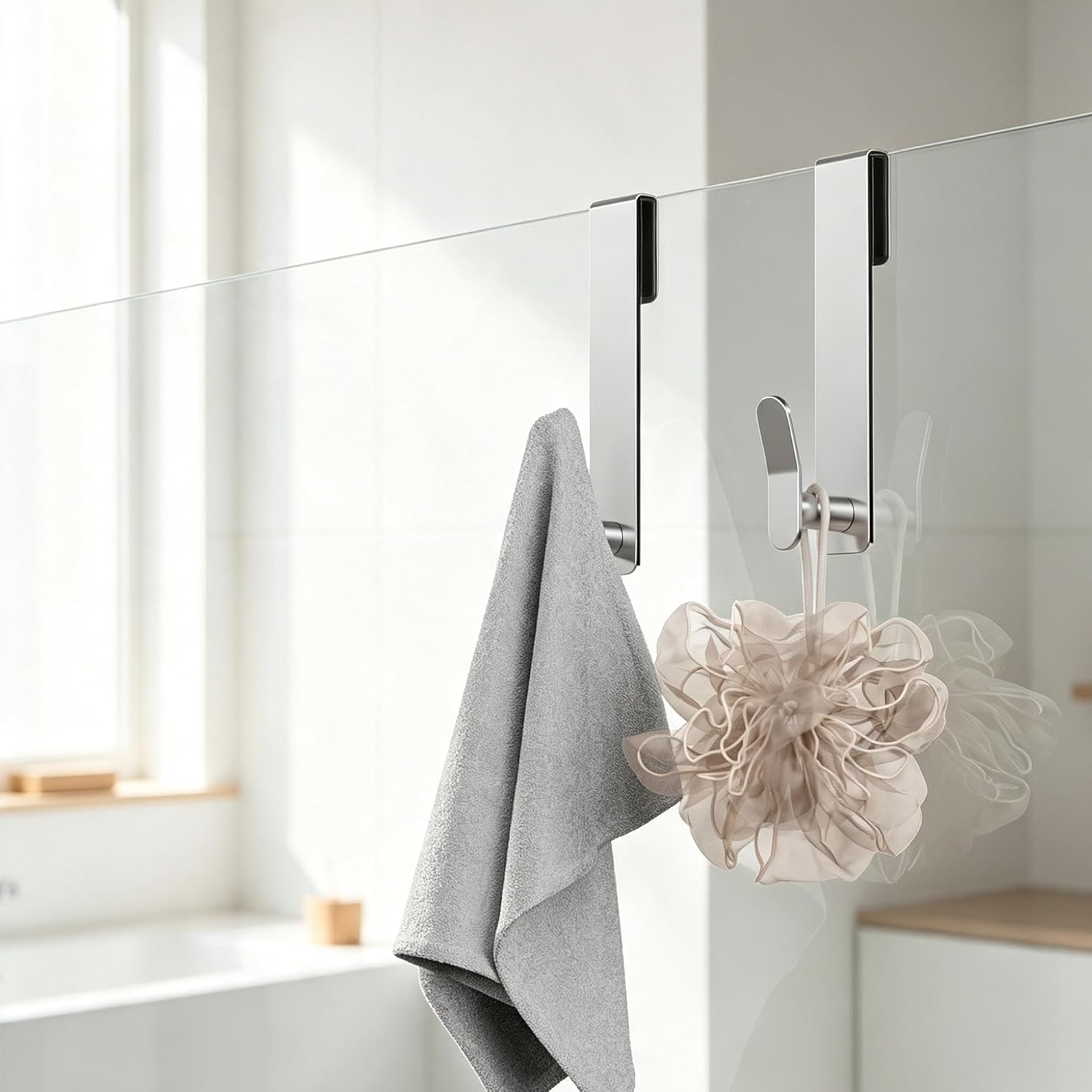 Aikzik Shower Door Hooks, Extended Towel Hooks for Frameless Glass Shower Doors, Modern Stainless Steel Over Door Hangers for Towels and Bathrobes, Heavy Duty Rustproof Bathroom Hooks, Silver 2-Pack