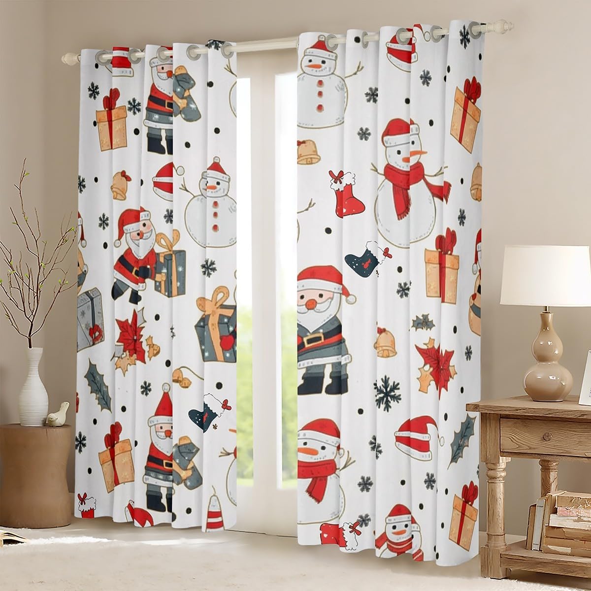 Cartoon Christmas Curtain Home Decor,Cute Xmas Santa Gnome Snowman Print Window Drapes for Girls Boys,Winter Holiday Snowflakes Kawaii Window Treatment Curtains for Office, 42Wx90L inch