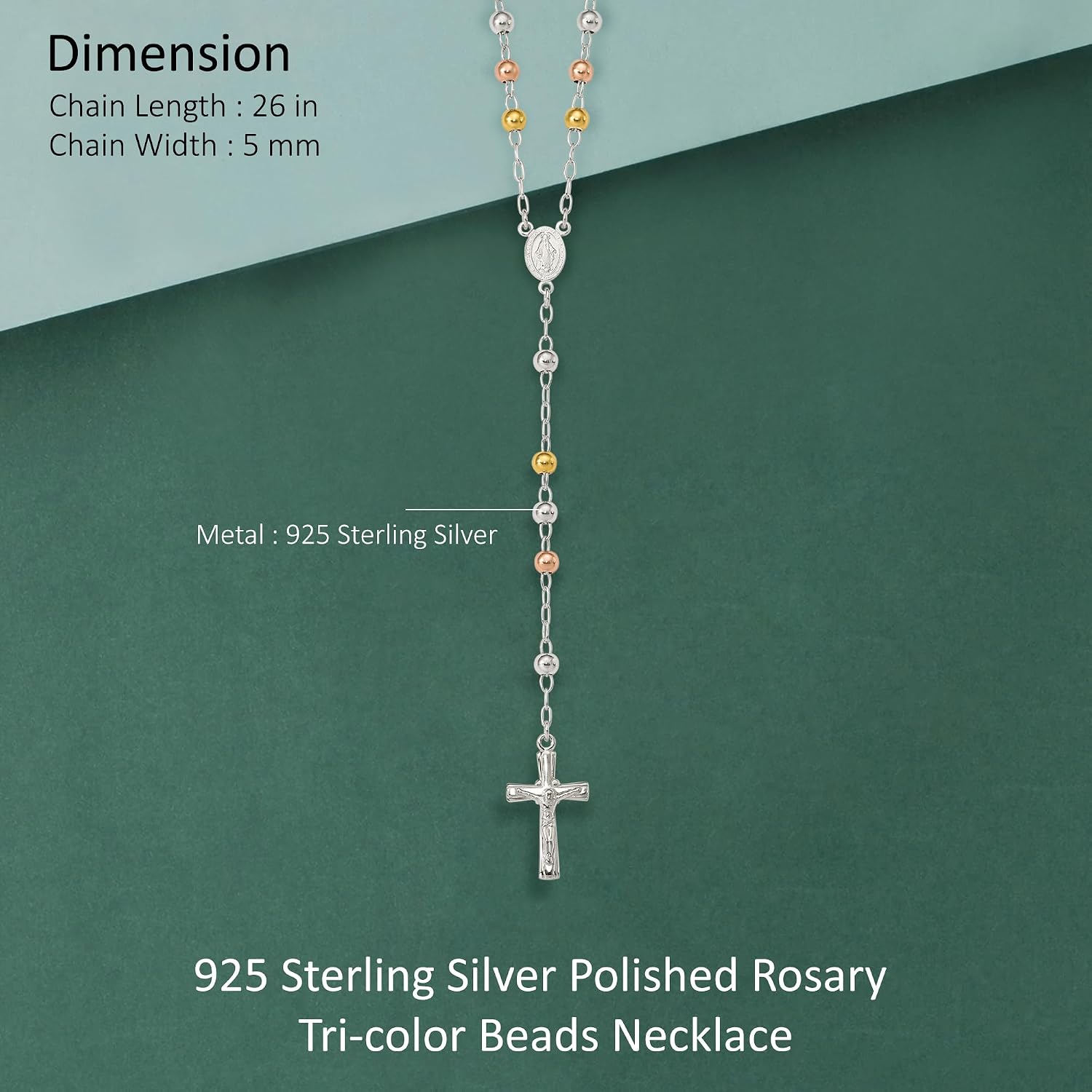 Diamond2Deal Sterling Silver Polished Rosary Tri-color Beads Necklace