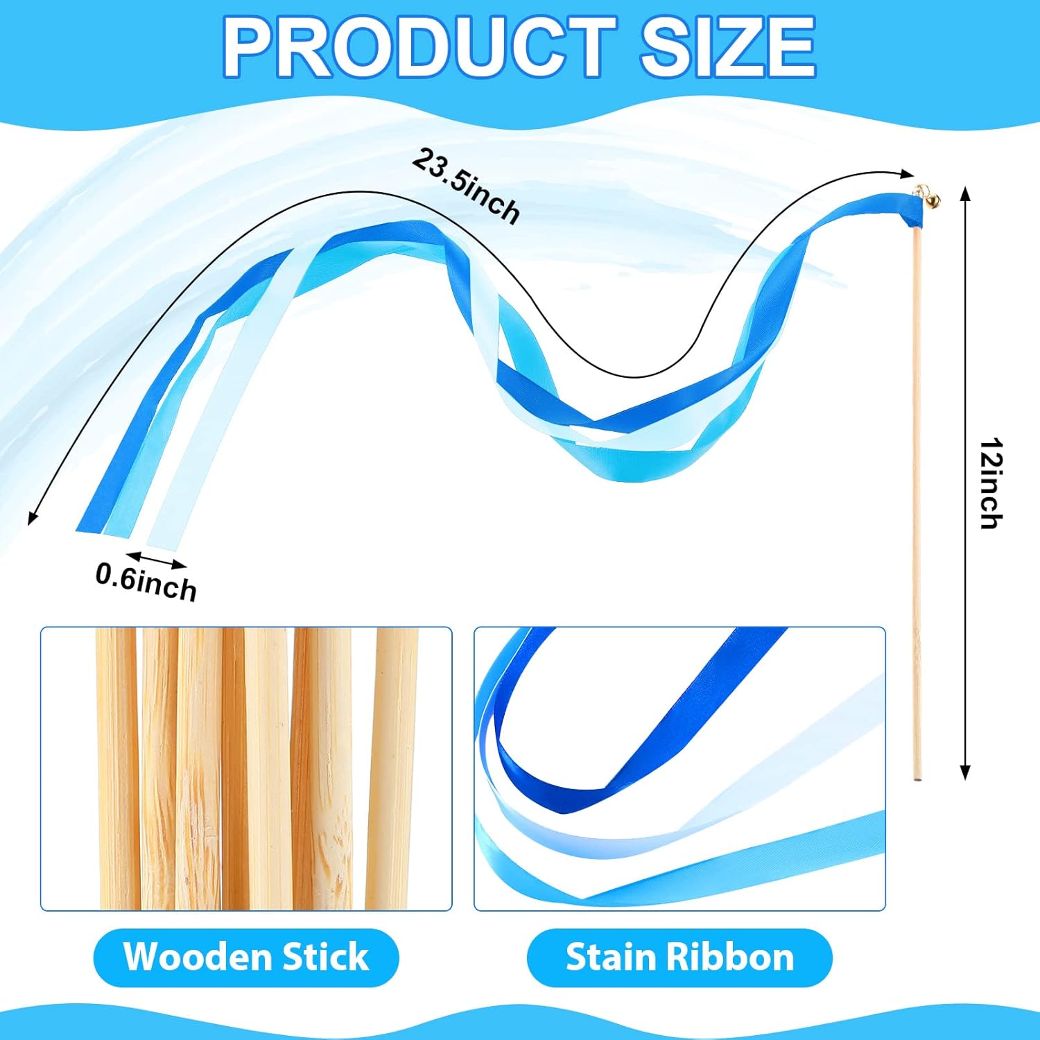 Chalyna 100 Pieces Lace Ribbon Wedding Wand Sticks Colorful Ribbon Streamers with Bells Silk Fairy Stick Wands for Wedding, Party, Holiday, Activities (Blue, Light Blue, White)