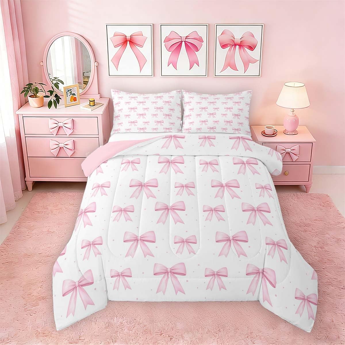 jejeloiu Girls Bow Comforter Set Toddler Dreamy Princess Bowknot Pink Bedding Set for Kids Women Rose Flower Floral Duvet Quilt Kawaii Romantic Room Decor