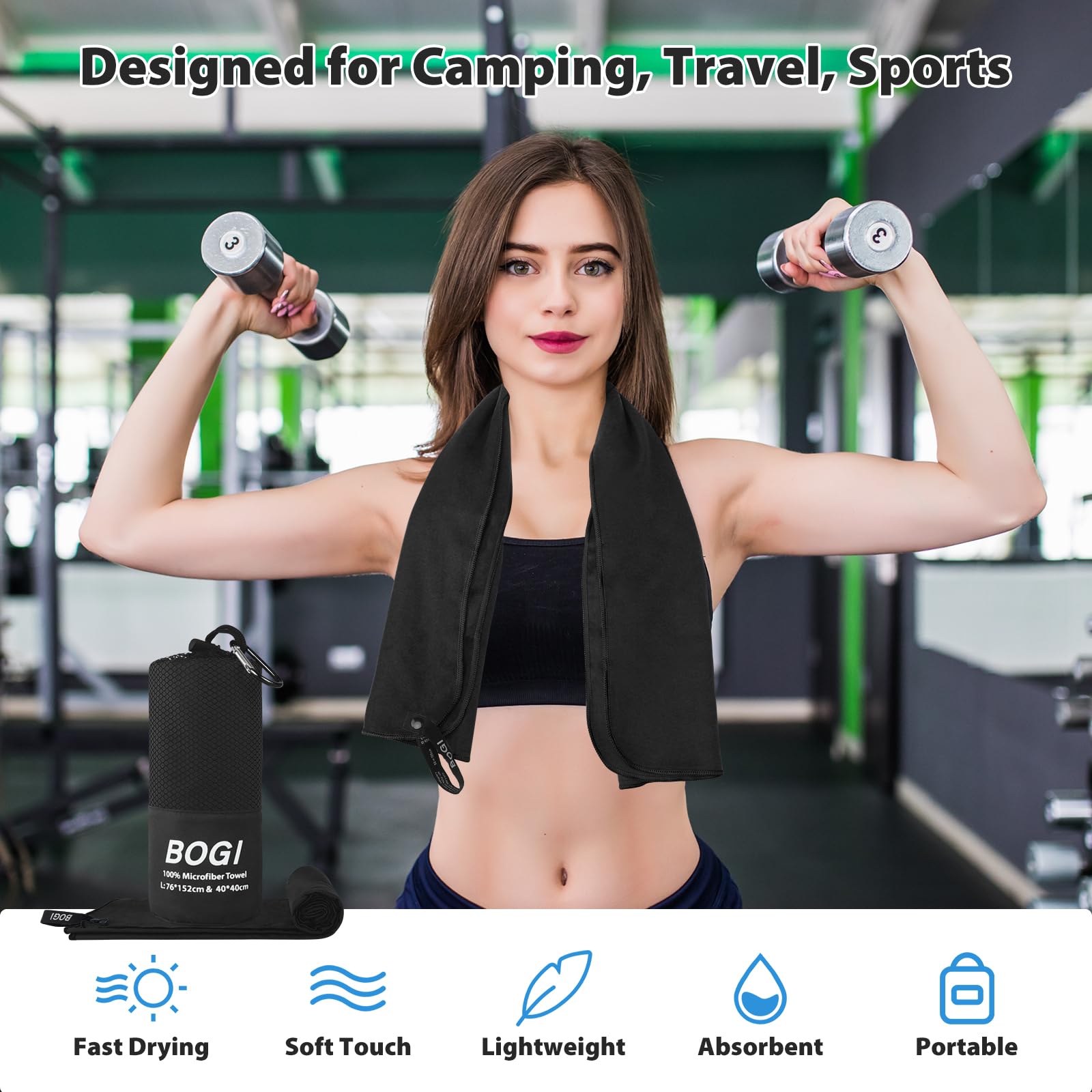 BOGI Toalla deportiva de microfibra de secado rápido, toalla de camping de microfibra suave y ligera, toalla de viaje compacta para camping, gimnasio, yoga, natación, mochileros (XL: 72 x 32 pulgadas