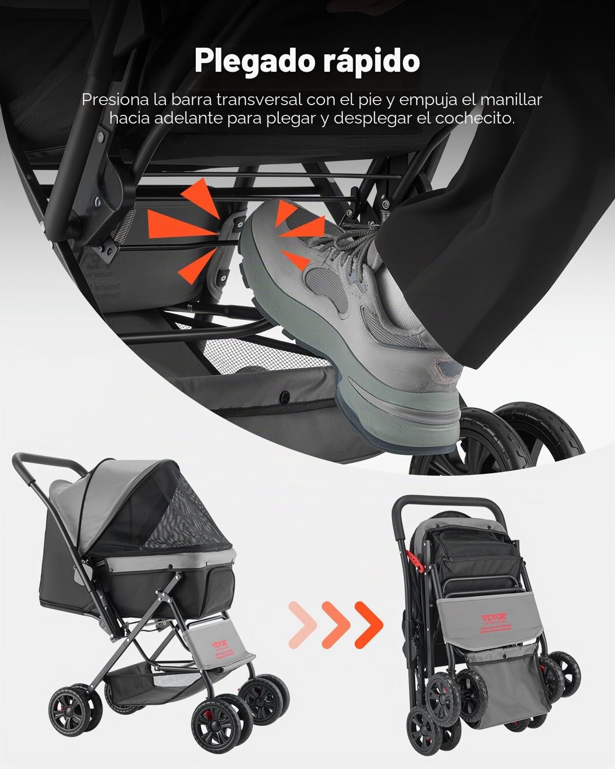 VEVOR Cochecito para Mascotas Capacidad 20kg Carrito Plegable para Perros de 4 Ruedas con Ventana de Malla Asa Reversible Cochecito Portátil Tela Oxford 600D con Freno para Mascotas Pequeñas Medianas