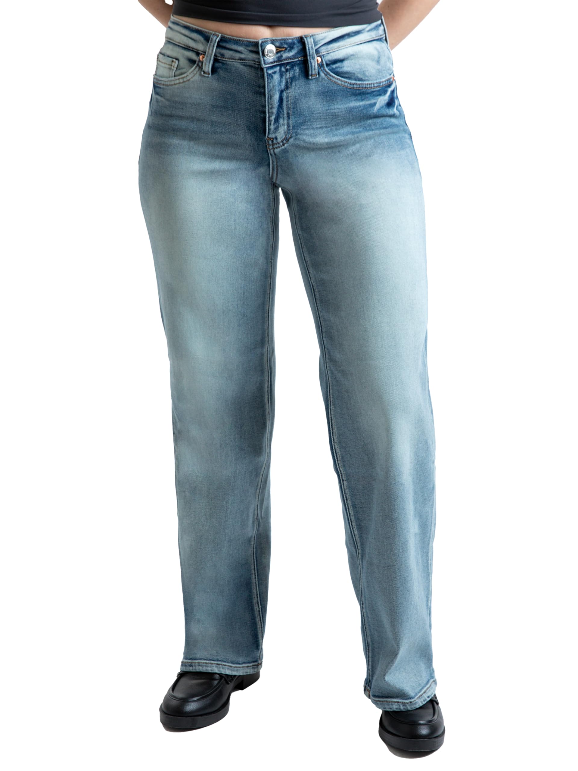 YMI Women's Mid Rise Premium Stretch Wide Leg Jeans