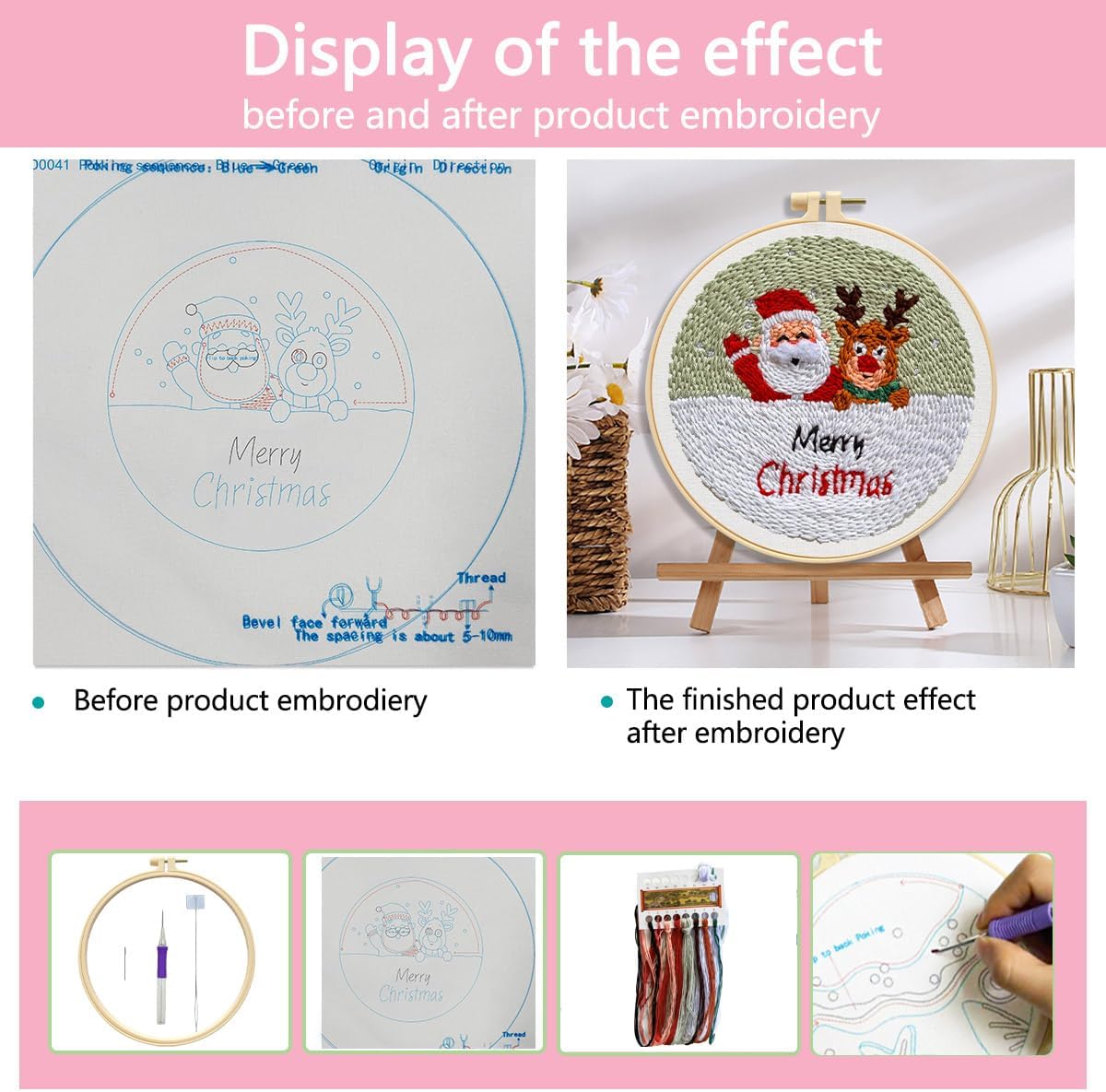 Zhenqing Christmas Punch Needle Kit - Santa & Reindeer Design with Pre-Printed 24x24cm Fabric, Hoop & Wool Thread for Beginners（D0041）