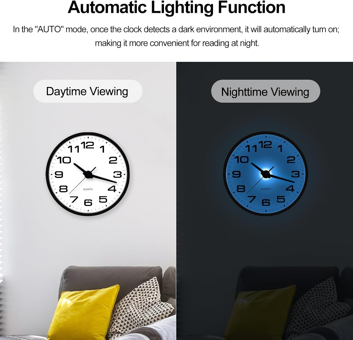 JoFomp Lighted Wall Clocks Battery Operated, 12 Inch Wall Clock for Bedroom Night Glow, Light Up Wall Clock Silent, Glow in The Dark Wall Clocks for Living Room Decor, Light Sensor - Auto Lighting