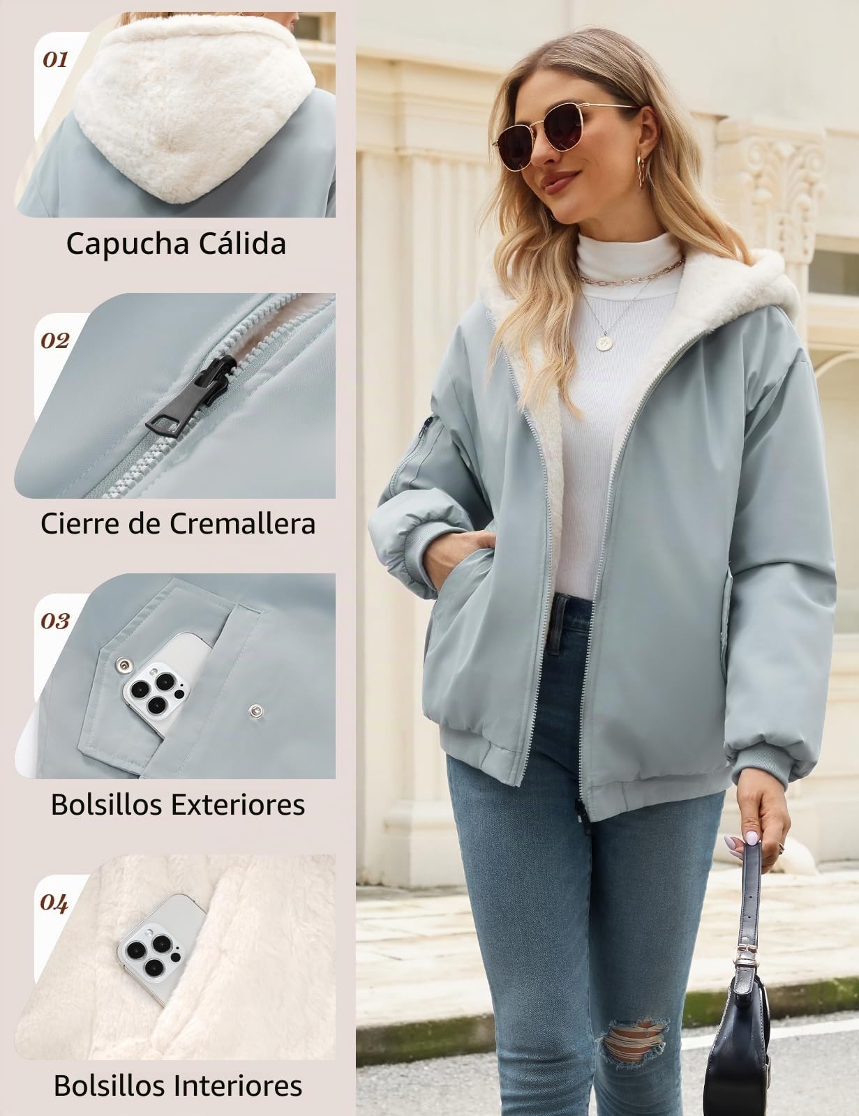 Vancavoo Chaqueta Reversible Mujer de Invierno con Capucha y Pelo Suave | Cazadora Corta con Cremallera, Puños de Canalé y Bolsillos en Ambos Lados para Uso Diario