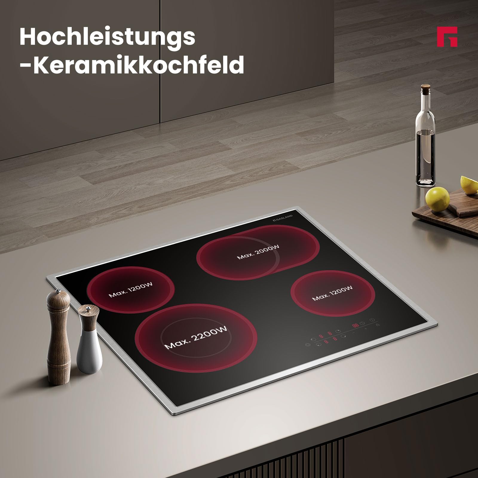 GASLAND CH604BF24B autarkes Glaskeramikkochfeld, 60 cm Einbau-Elektrokochfeld mit Edelstahlrahmen, 4 Kochzonen, Keramikkochfeld mit Mehrkreiskochzone und Bräterzone, 6,6 kW