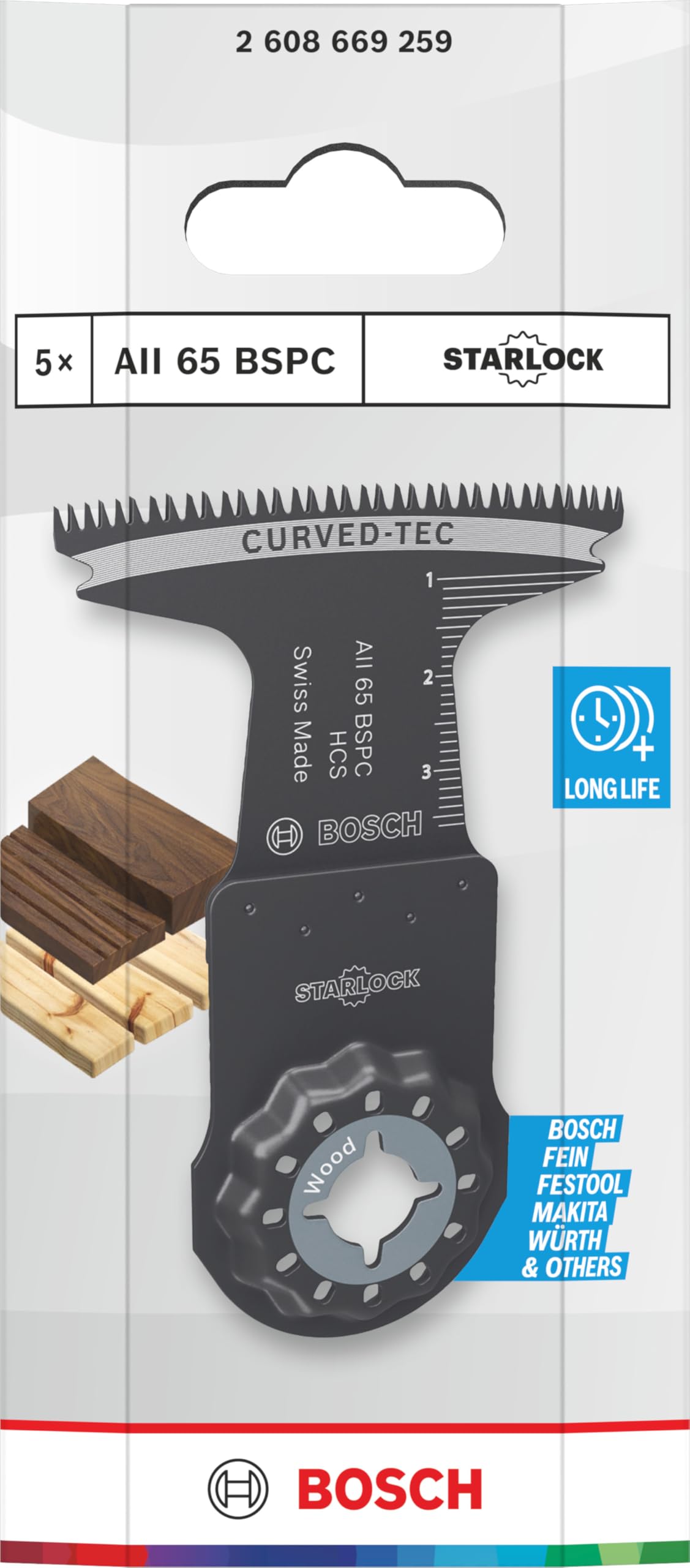 Bosch 5x Hoja de corte de inmersión AII 65 BSPC (para Madera dura, Madera blanda, Anchura 65 mm, Professional Accesorios Multiherramienta)