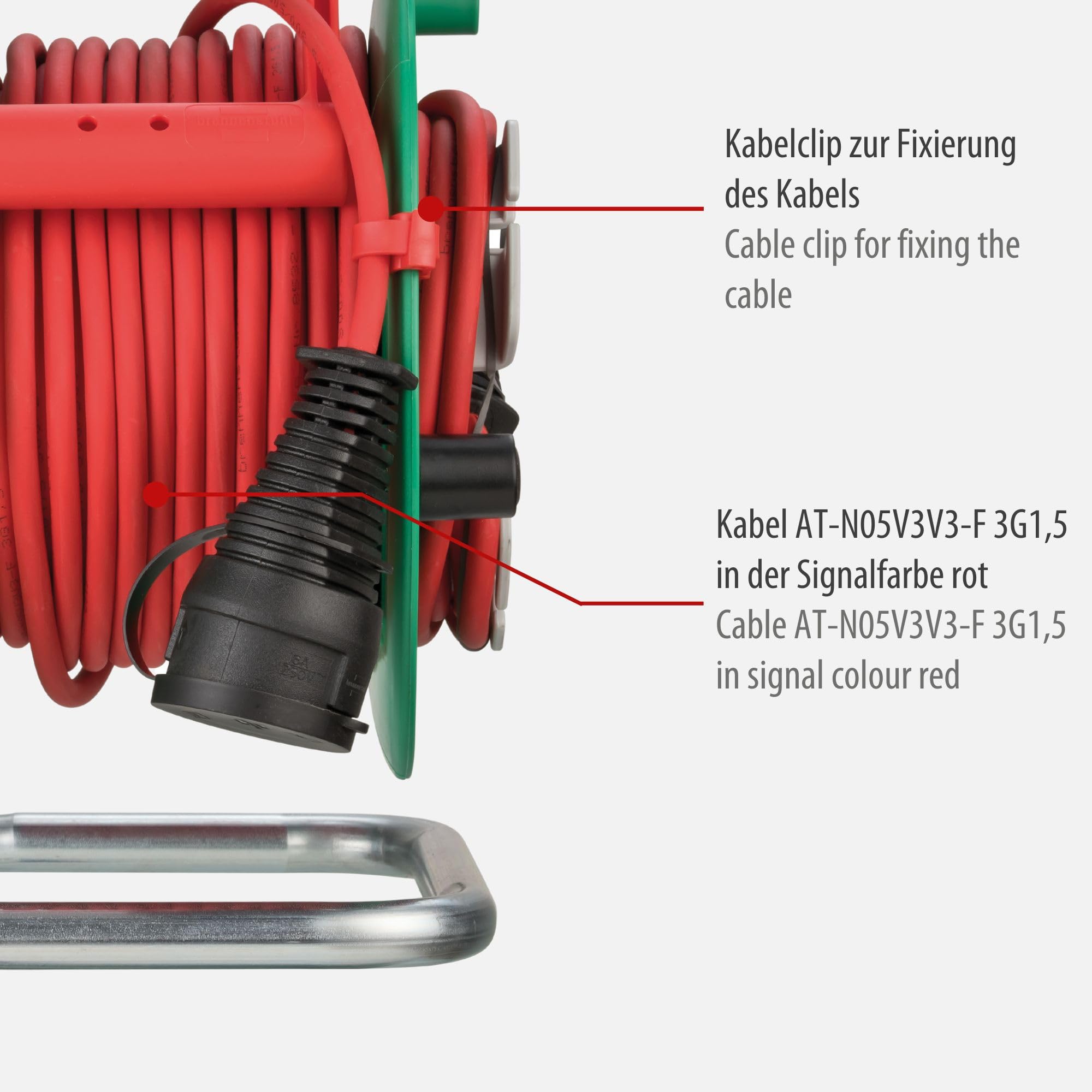 Brennenstuhl Garant G Bretec Enrouleur de câble de jardin, IP44, pour tondeuse à gazon, avec câble de 23 + 2 m, rouge, plastique spécial, utilisation à court terme en extérieur, fabriqué en Allemagne