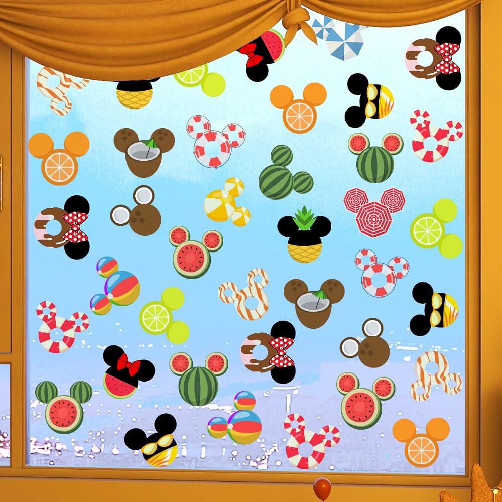 LETKIM Summer Window Clings 9 Sheets - Seasonal Watermelon Lemon Coconut Ice Cream Stickers, Reusable Static Clings for Glass Windows, 4th of July Patriotic Home Kitchen Bathroom Decor (11.8x7.9 Inch)